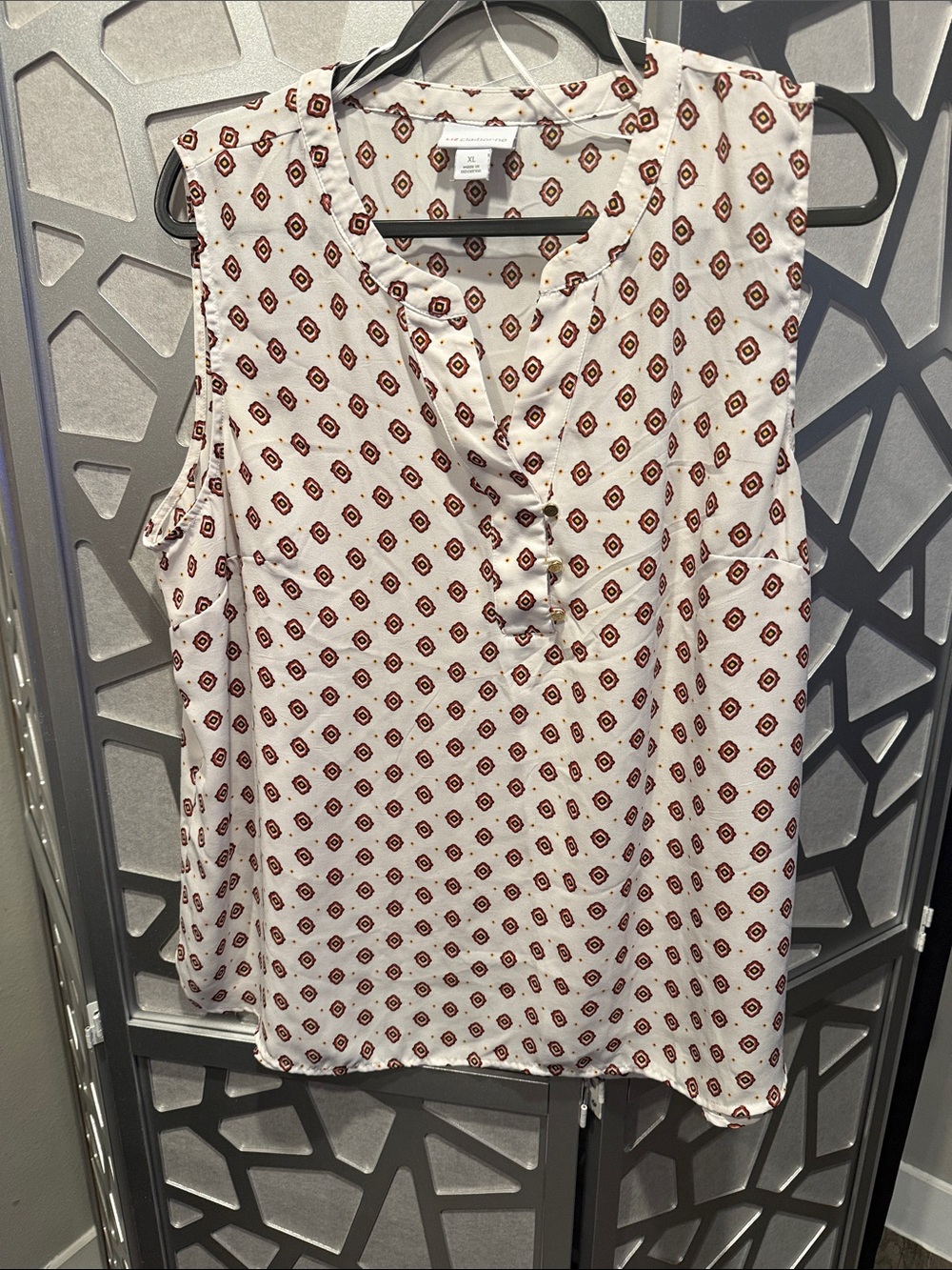 Liz Claiborne Cream Blouse with Brown and Yellow Geometric Print